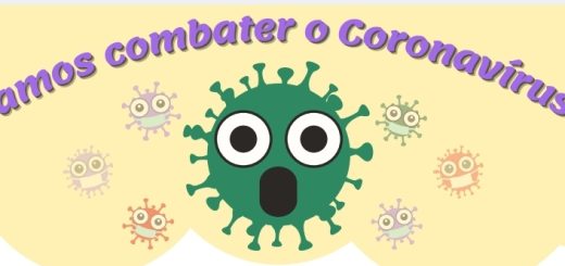 A imagem é colorida e apresenta superiormente os dizeres "Vamos combater o coronavírus?". Abaixo há uma ilustração do vírus da COVID-19 em destaque, envolto por 6 outros menores.
