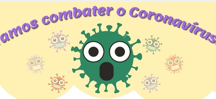 A imagem é colorida e apresenta superiormente os dizeres "Vamos combater o coronavírus?". Abaixo há uma ilustração do vírus da COVID-19 em destaque, envolto por 6 outros menores.